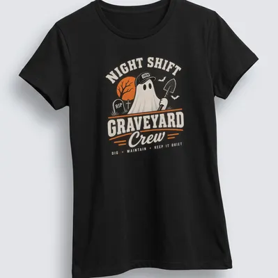 Vintage distressed Halloween shirt featuring a ghost with a shovel and humorous text — printed on a women's shirt