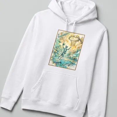 Watercolor Great Dane dunking in a basketball jersey with vibrant colors — printed on a unisex hoodie
