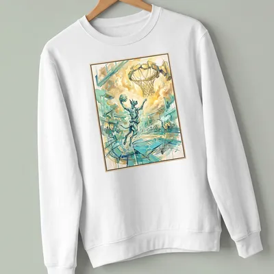 Watercolor Great Dane dunking in a basketball jersey with vibrant colors — printed on a unisex sweatshirt