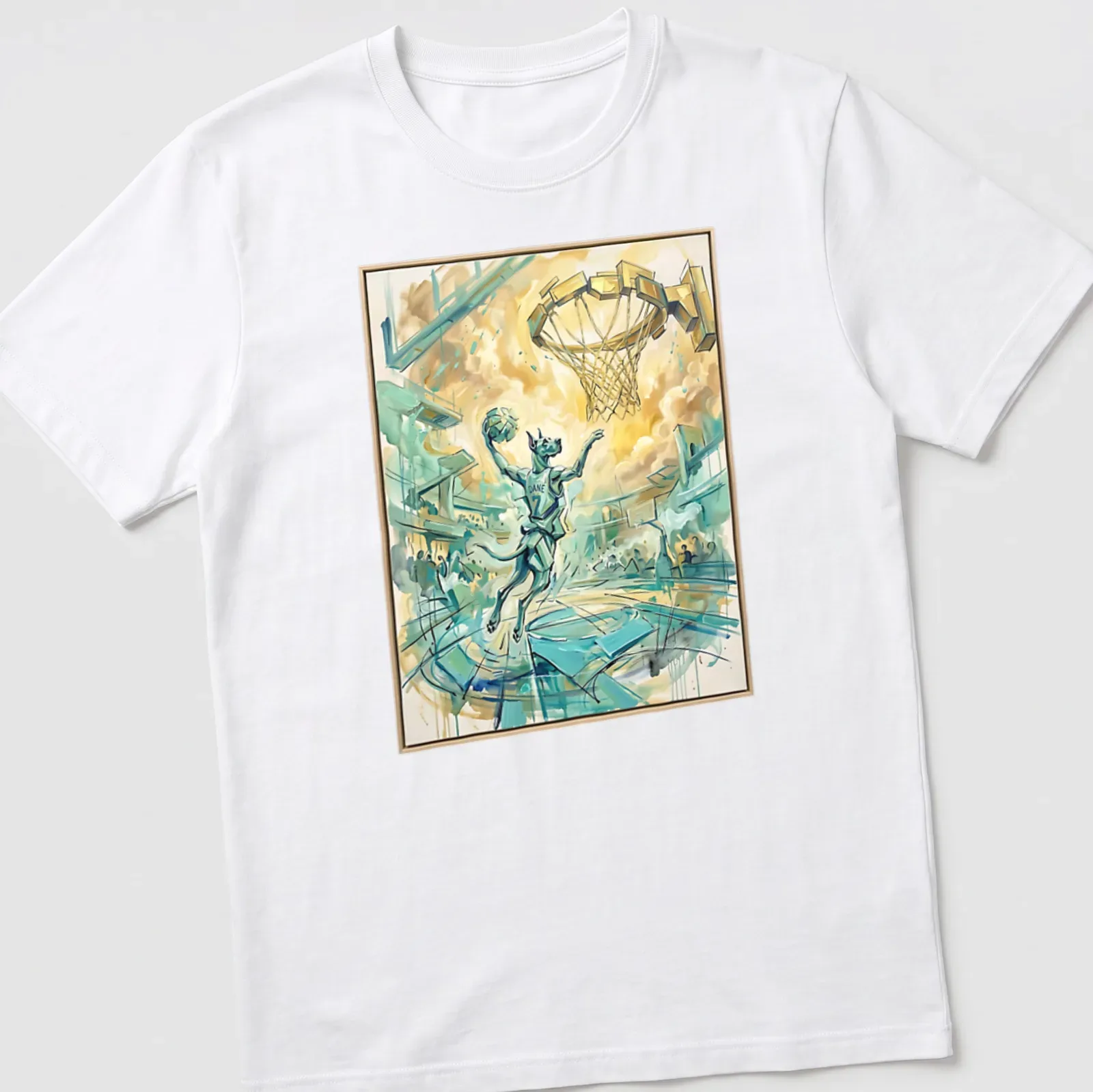 Watercolor Great Dane dunking in a basketball jersey with vibrant colors — printed on a unisex t-shirt