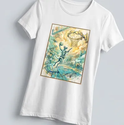 Watercolor Great Dane dunking in a basketball jersey with vibrant colors — printed on a women's shirt