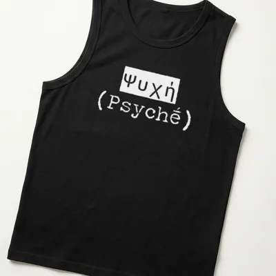 Text-based design featuring the Greek word for soul, Psychḗ in black and white. — printed on a tank top