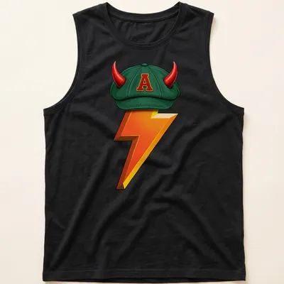 Cartoonish design of a green cap with horns and a lightning bolt in vibrant colors — printed on a tank top