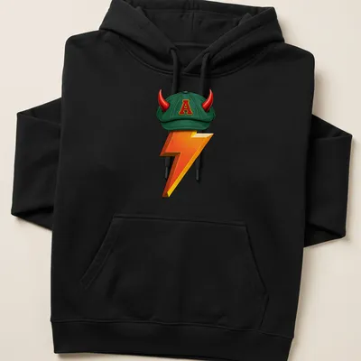 Cartoonish design of a green cap with horns and a lightning bolt in vibrant colors — printed on a unisex hoodie