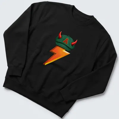 Cartoonish design of a green cap with horns and a lightning bolt in vibrant colors — printed on a unisex sweatshirt
