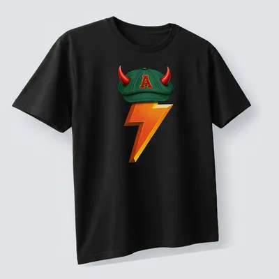 Cartoonish design of a green cap with horns and a lightning bolt in vibrant colors — printed on a unisex t-shirt (angled view)