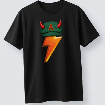 Cartoonish design of a green cap with horns and a lightning bolt in vibrant colors
