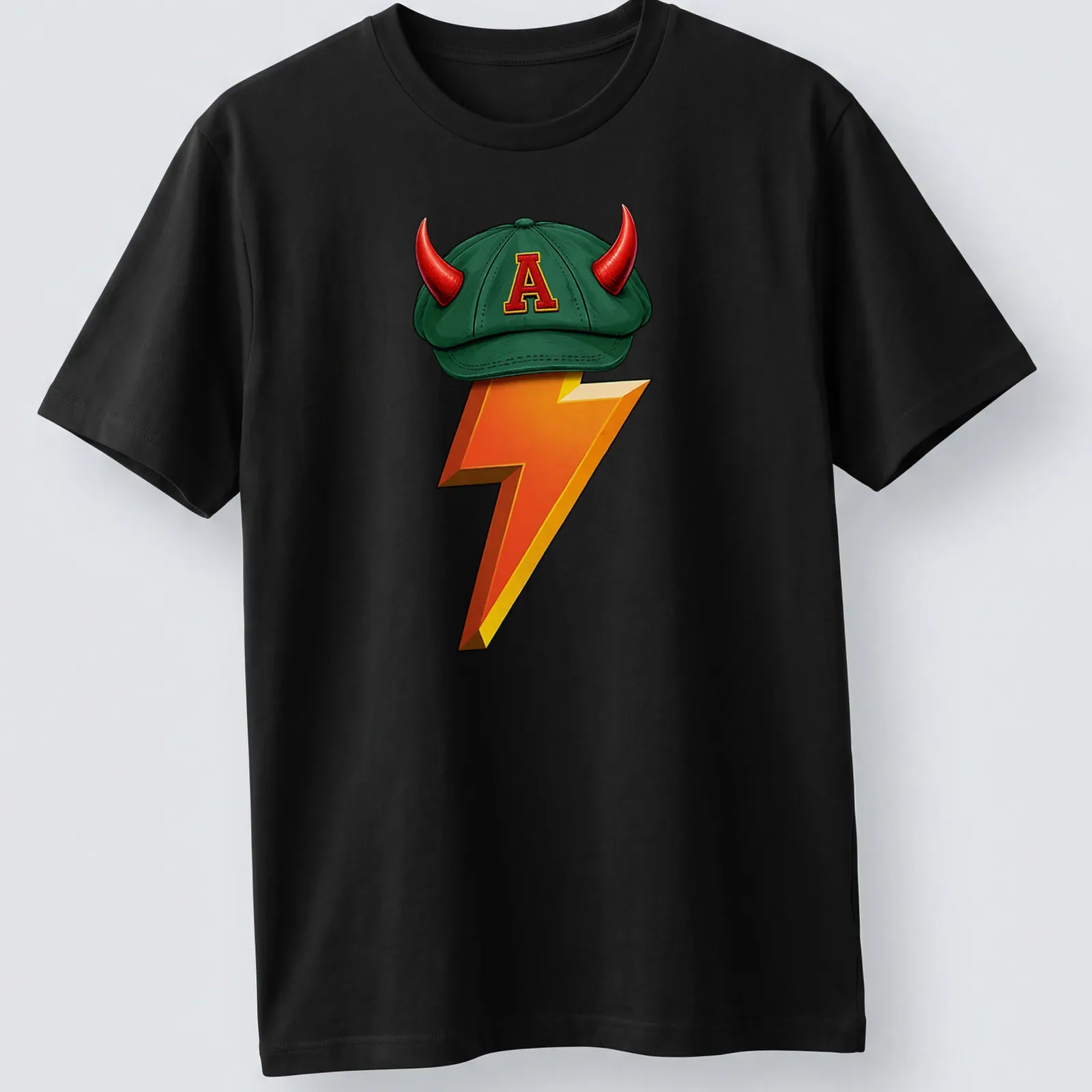 Cartoonish design of a green cap with horns and a lightning bolt in vibrant colors — printed on a unisex t-shirt