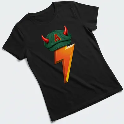 Cartoonish design of a green cap with horns and a lightning bolt in vibrant colors — printed on a women's shirt