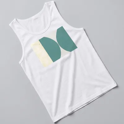 Abstract geometric design featuring green curves on a beige and white background. — printed on a tank top