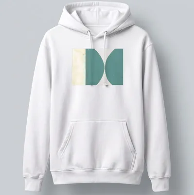 Abstract geometric design featuring green curves on a beige and white background. — printed on a unisex hoodie