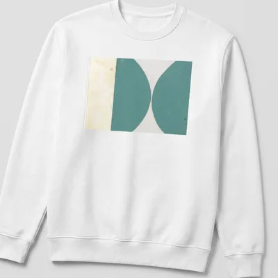 Abstract geometric design featuring green curves on a beige and white background. — printed on a unisex sweatshirt