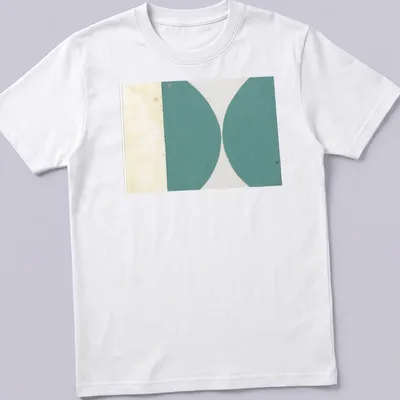 Abstract geometric design featuring green curves on a beige and white background. — printed on a unisex t-shirt