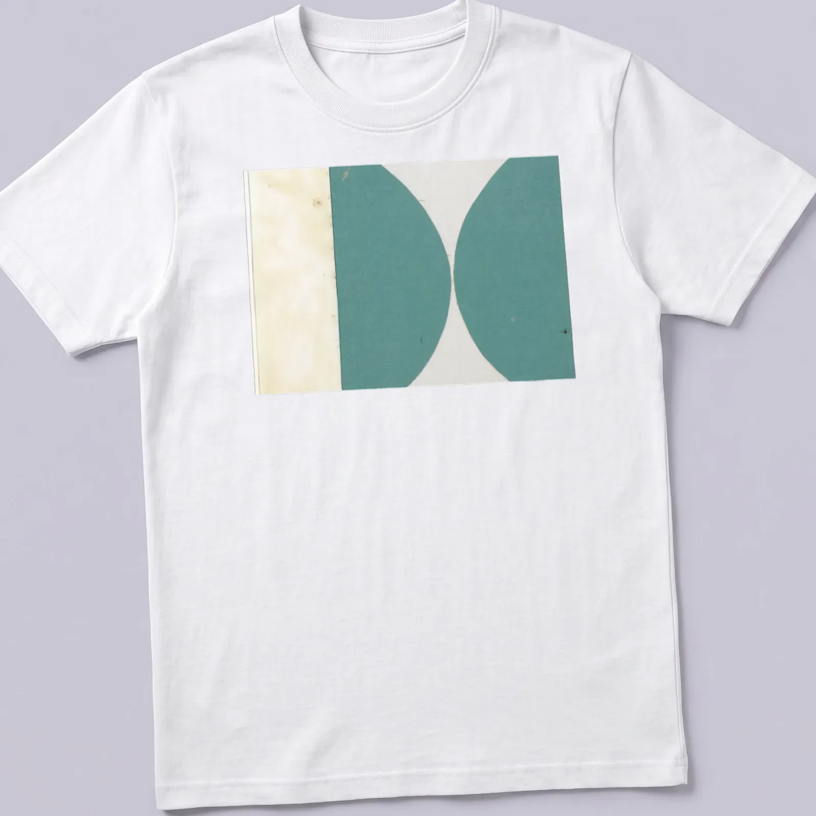 Abstract geometric design featuring green curves on a beige and white background. — printed on a unisex t-shirt