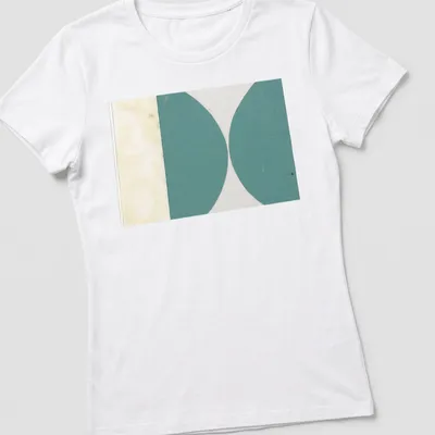 Abstract geometric design featuring green curves on a beige and white background. — printed on a women's shirt