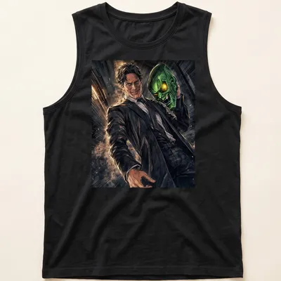Comic book style print of Green Goblin in green and black with yellow and brown accents — printed on a tank top