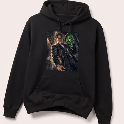 Comic book style print of Green Goblin in green and black with yellow and brown accents — printed on a unisex hoodie