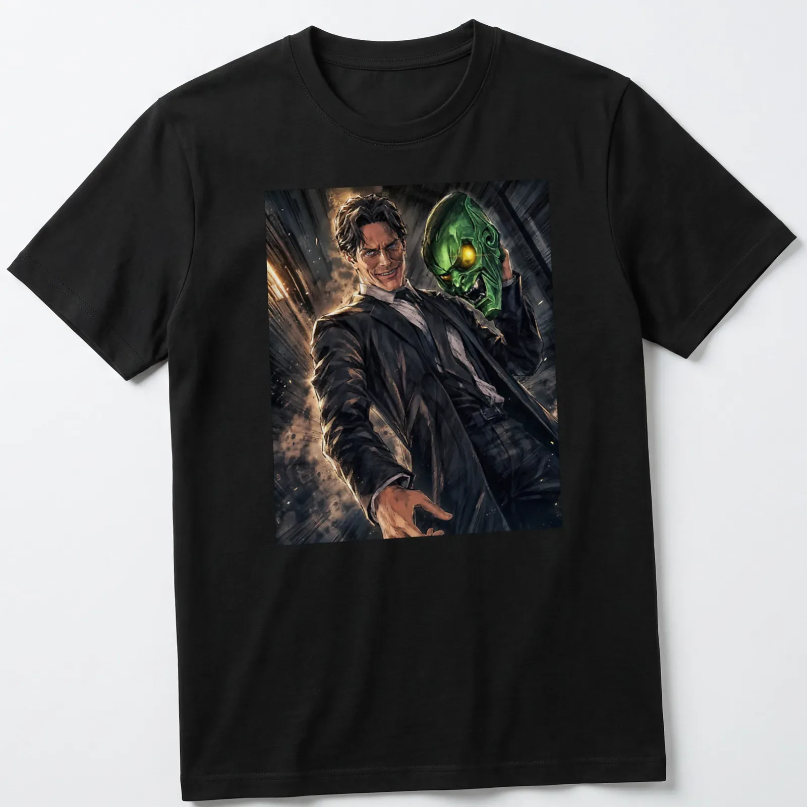 Comic book style print of Green Goblin in green and black with yellow and brown accents — printed on a unisex t-shirt