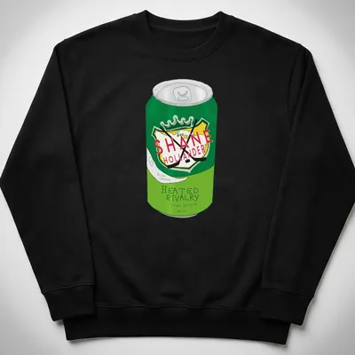 Cartoon-style green soda can with printed text about rivalry and cravings — printed on a unisex sweatshirt