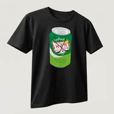 Cartoon-style green soda can with printed text about rivalry and cravings — printed on a unisex t-shirt (angled view)