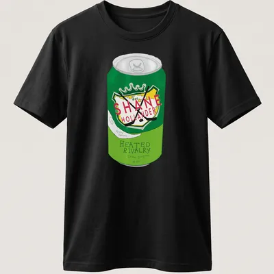 Cartoon-style green soda can with printed text about rivalry and cravings