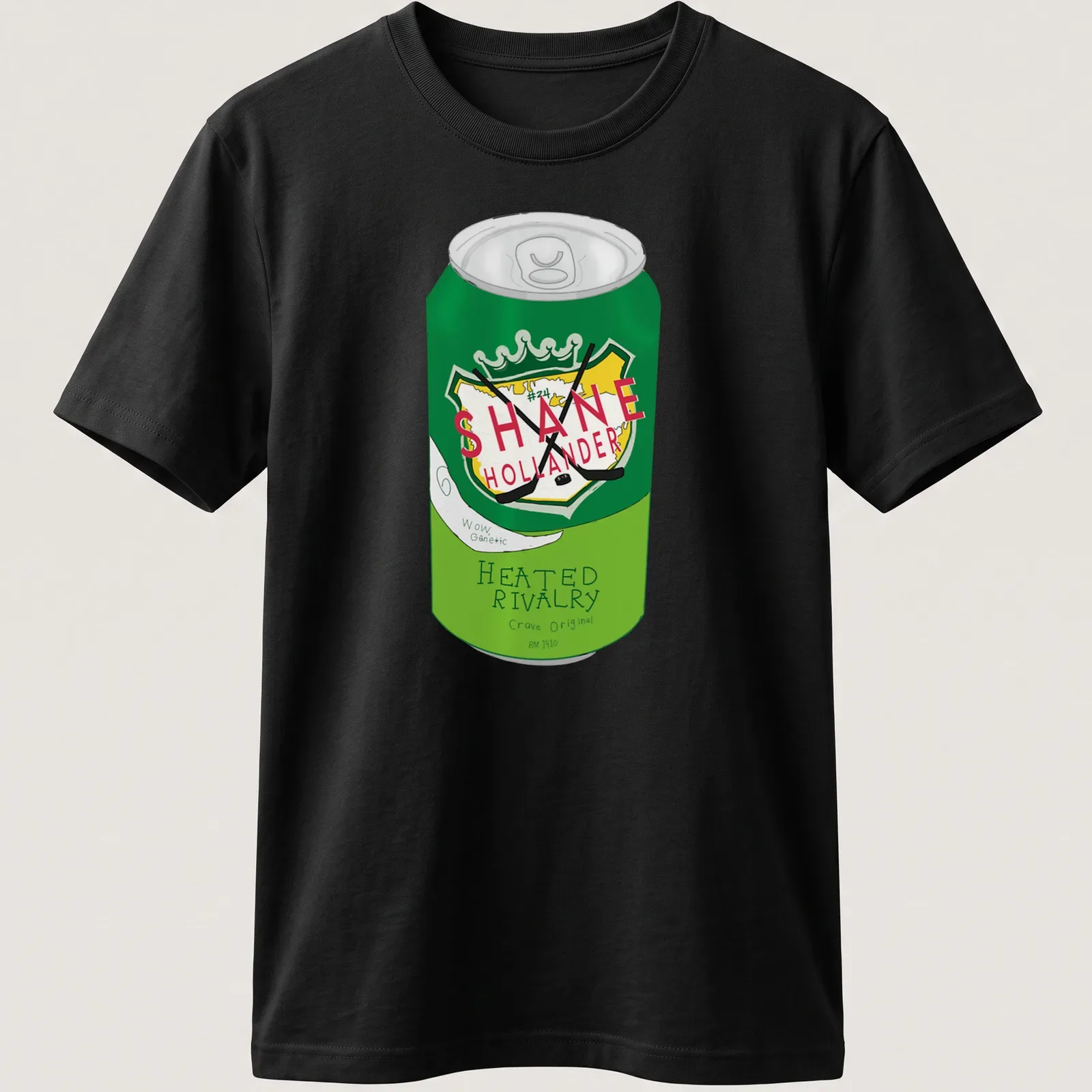 Cartoon-style green soda can with printed text about rivalry and cravings — printed on a unisex t-shirt