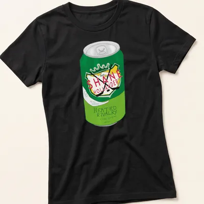 Cartoon-style green soda can with printed text about rivalry and cravings — printed on a women's shirt