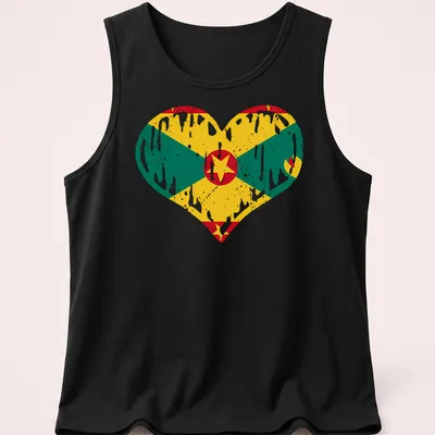 Distressed Grenada flag in heart shape with vibrant colors — printed on a tank top