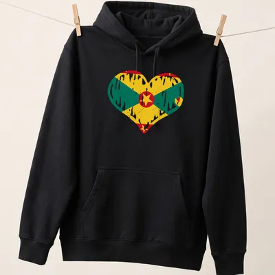 Distressed Grenada flag in heart shape with vibrant colors — printed on a unisex hoodie