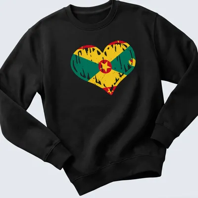 Distressed Grenada flag in heart shape with vibrant colors — printed on a unisex sweatshirt