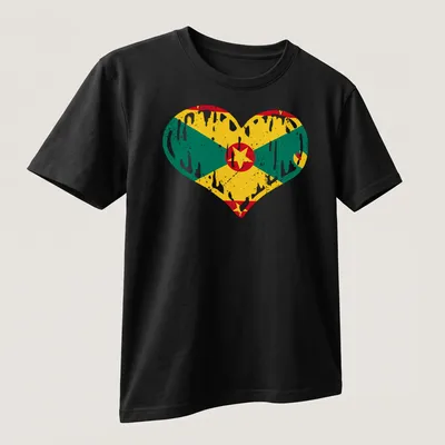 Distressed Grenada flag in heart shape with vibrant colors — printed on a unisex t-shirt (angled view)