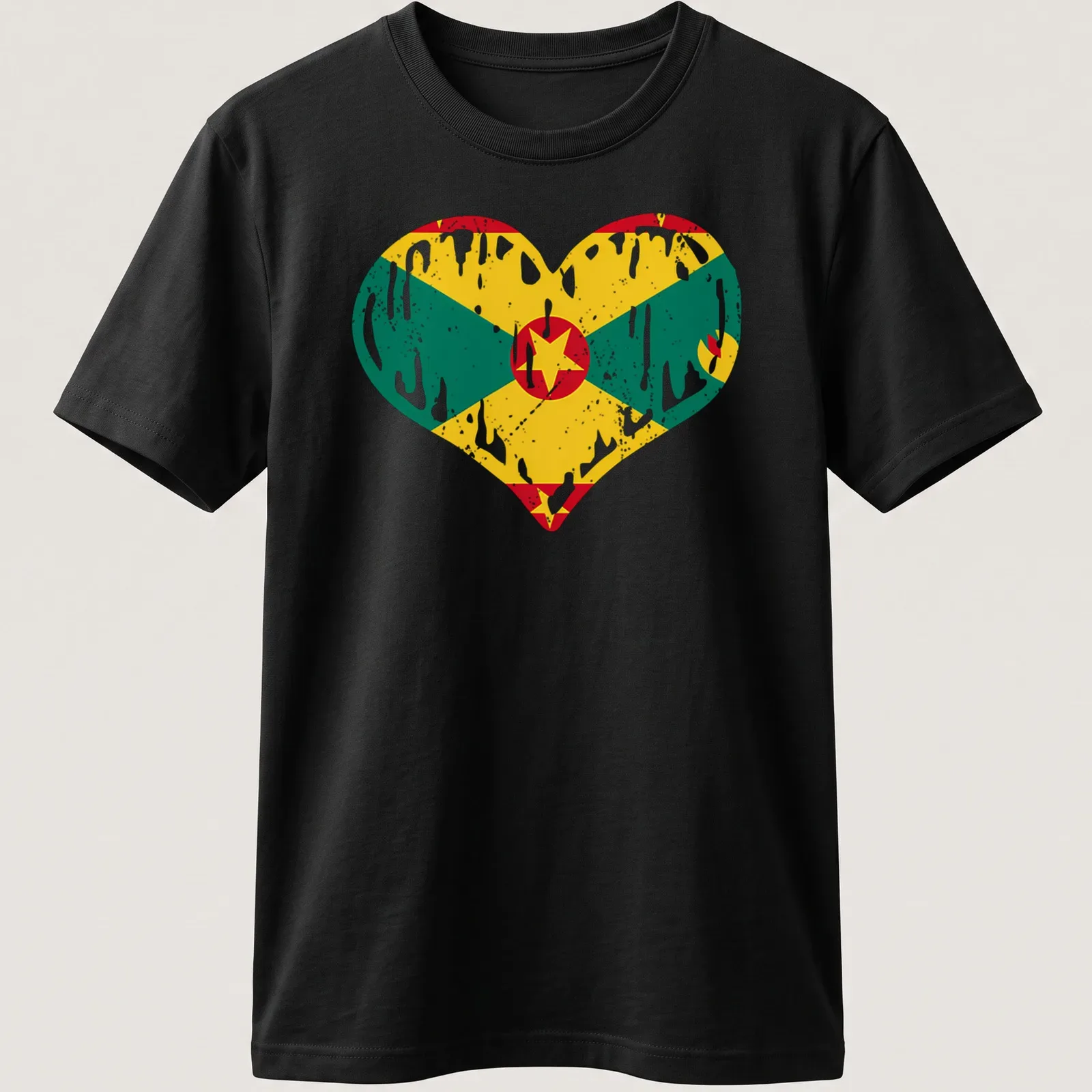 Distressed Grenada flag in heart shape with vibrant colors — printed on a unisex t-shirt