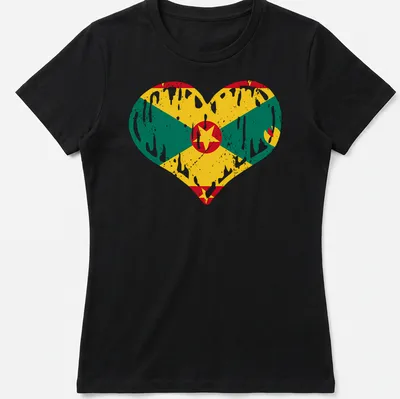 Distressed Grenada flag in heart shape with vibrant colors — printed on a women's shirt