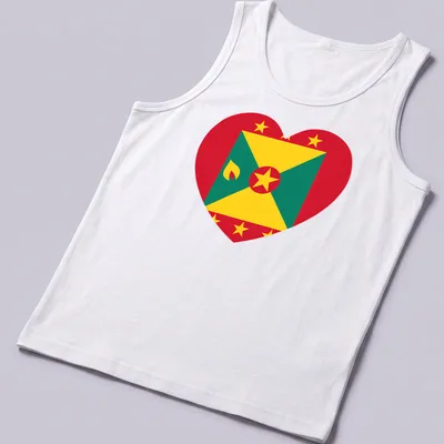 Flat design of a heart filled with Grenada flag colors: red, green, yellow — printed on a tank top