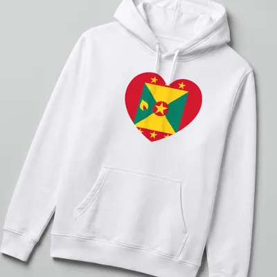 Flat design of a heart filled with Grenada flag colors: red, green, yellow — printed on a unisex hoodie