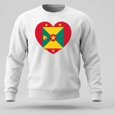 Flat design of a heart filled with Grenada flag colors: red, green, yellow — printed on a unisex sweatshirt