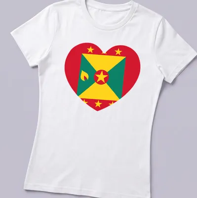 Flat design of a heart filled with Grenada flag colors: red, green, yellow — printed on a women's shirt