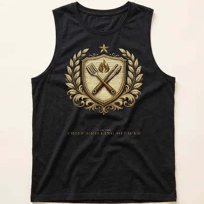 Vintage-style family crest featuring grilling tools and text for a dad. — printed on a tank top