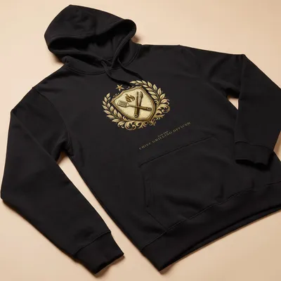 Vintage-style family crest featuring grilling tools and text for a dad. — printed on a unisex hoodie