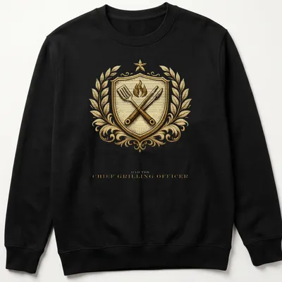 Vintage-style family crest featuring grilling tools and text for a dad. — printed on a unisex sweatshirt