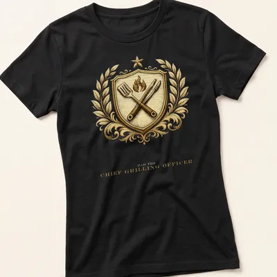 Vintage-style family crest featuring grilling tools and text for a dad. — printed on a women's shirt