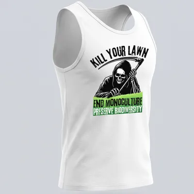 Bold graphic of Grim Reaper skull with text about biodiversity and lawns — printed on a tank top