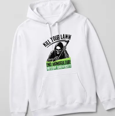 Bold graphic of Grim Reaper skull with text about biodiversity and lawns — printed on a unisex hoodie
