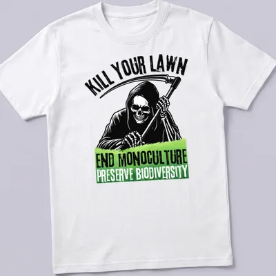 Bold graphic of Grim Reaper skull with text about biodiversity and lawns