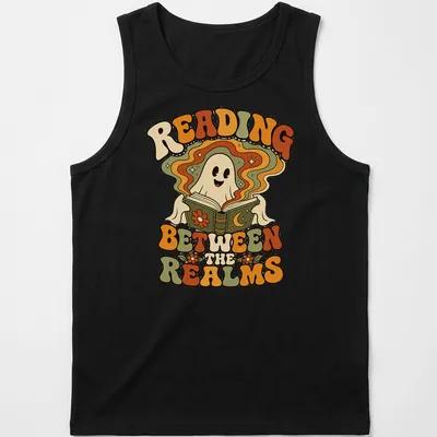 Retro style shirt with a playful ghost and the text 'Reading Between The Realms' in vibrant colors. — printed on a tank top