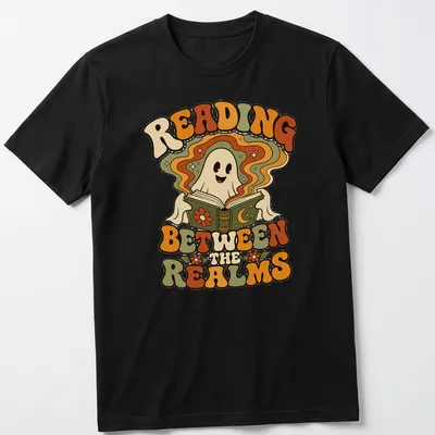 Retro style shirt with a playful ghost and the text 'Reading Between The Realms' in vibrant colors.