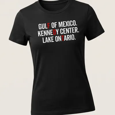 Vintage retro design featuring Gulf of Mexico, Kennedy Center, and Lake Ontario. — printed on a women's shirt