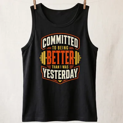 Vintage fitness t-shirt with black, orange, cream, and yellow print featuring weightlifting barbell and motivational text. — printed on a tank top