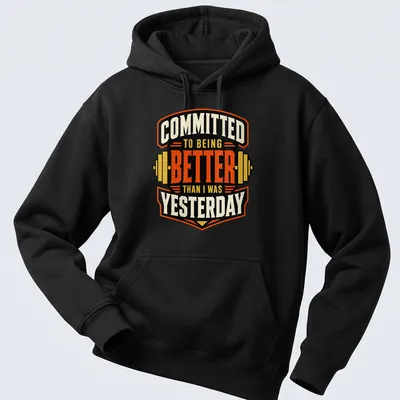 Vintage fitness t-shirt with black, orange, cream, and yellow print featuring weightlifting barbell and motivational text. — printed on a unisex hoodie