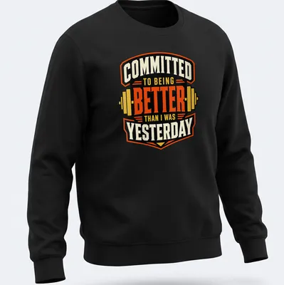 Vintage fitness t-shirt with black, orange, cream, and yellow print featuring weightlifting barbell and motivational text. — printed on a unisex sweatshirt